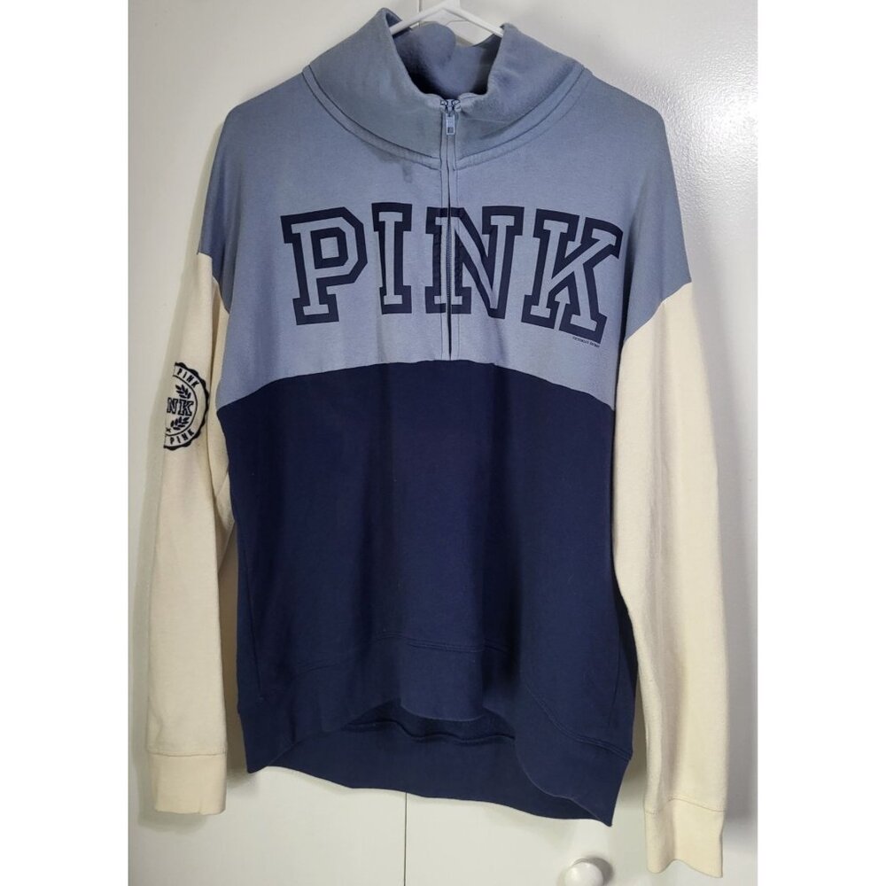 Victoria's Secret PINK High-Low Half-Zip Pullover Bluebell Cream Navy SZ M Logo - Picture 2 of 12